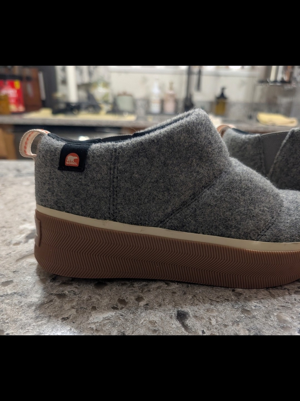 Sorel Women's Grey Wool Slip-On with Brown Platform Sole